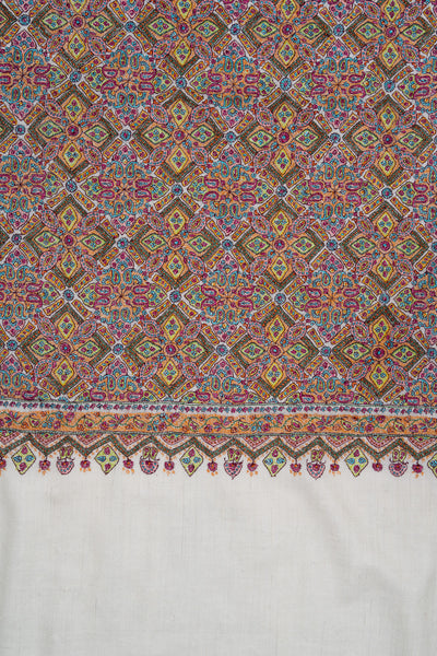 Sozni Hand Embroidered Pashmina: Multicolour Heritage Tile Cascade