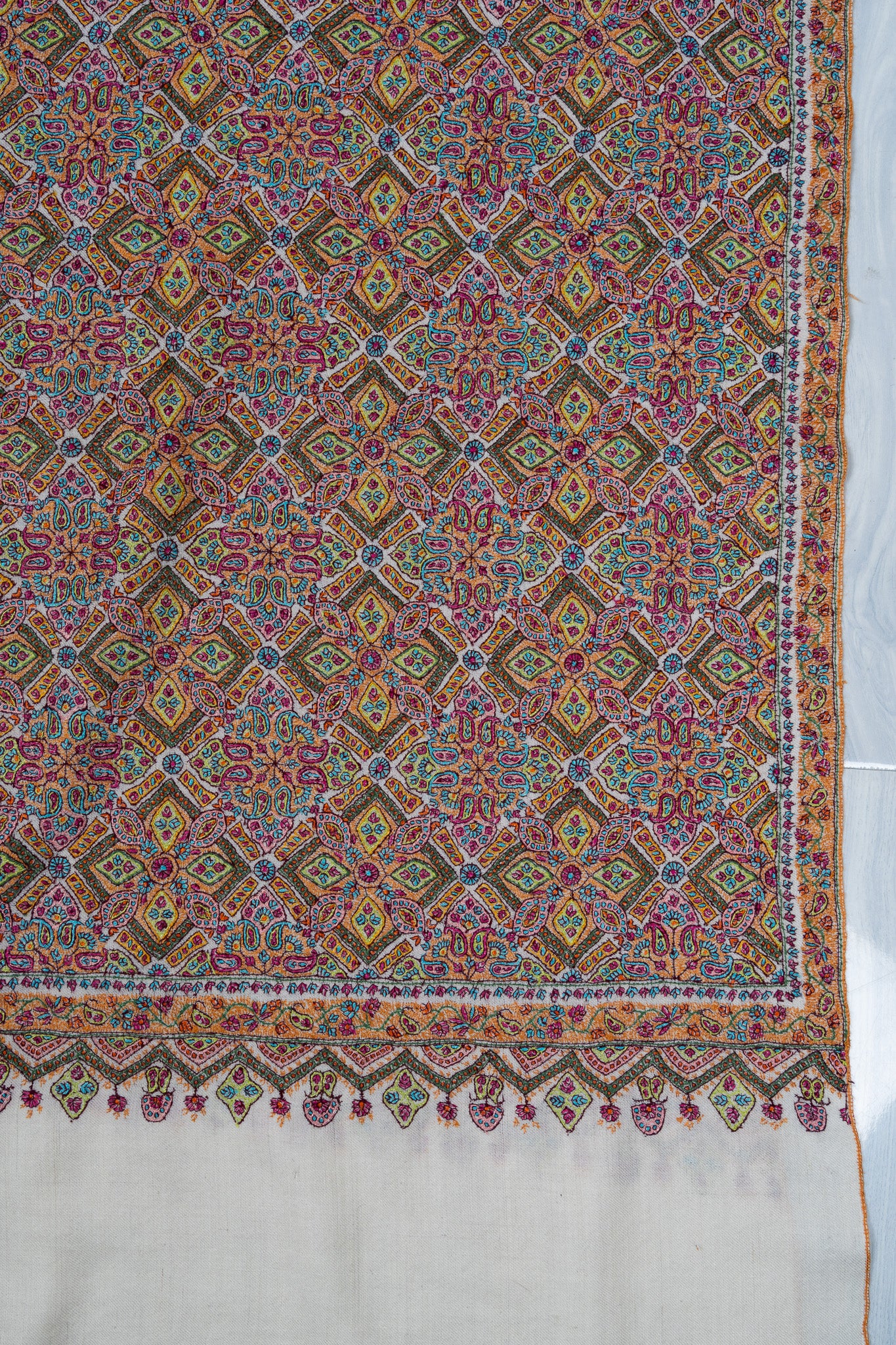 Sozni Hand Embroidered Pashmina: Multicolour Heritage Tile Cascade