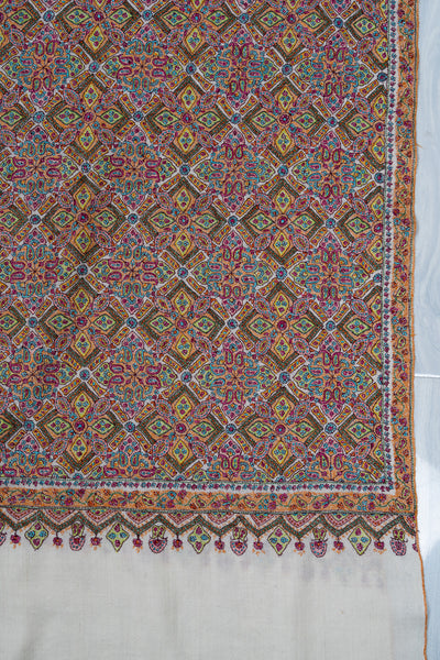 Sozni Hand Embroidered Pashmina: Multicolour Heritage Tile Cascade