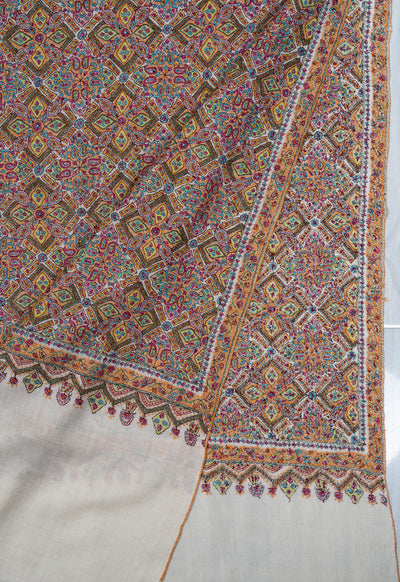 Sozni Hand Embroidered Pashmina: Multicolour Heritage Tile Cascade