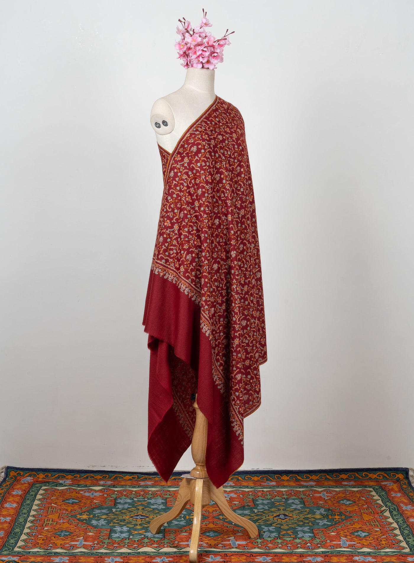 Sozni Hand Embroidered Pashmina: Royal Maroon Garden Trail