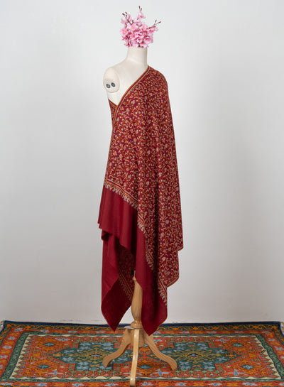 Sozni Hand Embroidered Pashmina: Royal Maroon Garden Trail