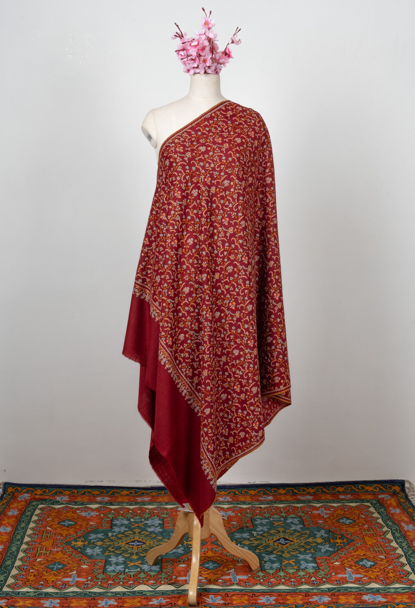 Sozni Hand Embroidered Pashmina: Royal Maroon Garden Trail
