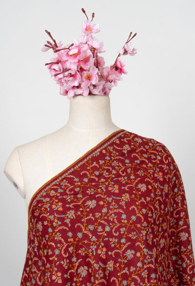 Sozni Hand Embroidered Pashmina: Royal Maroon Garden Trail