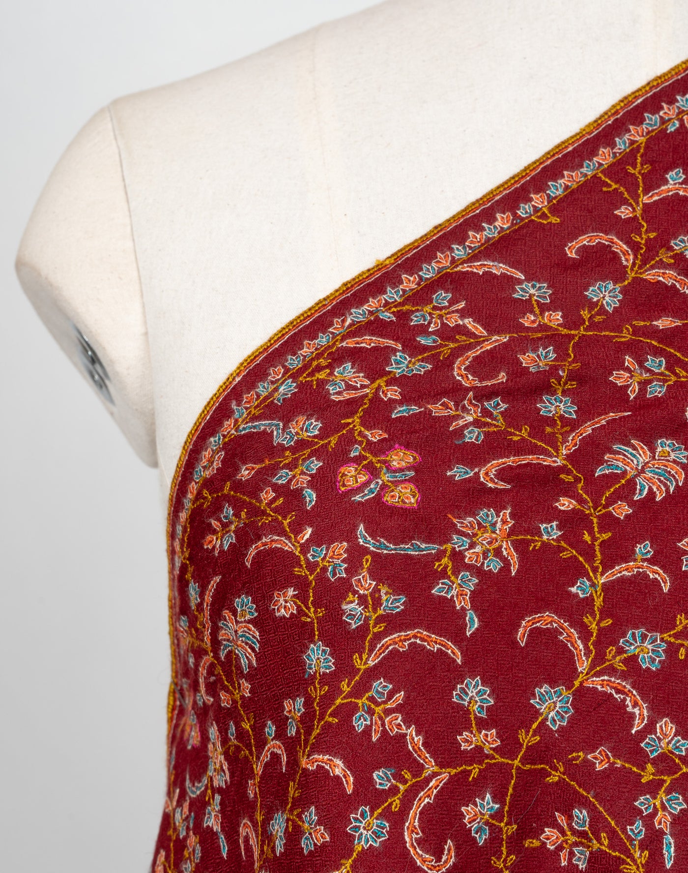 Sozni Hand Embroidered Pashmina: Royal Maroon Garden Trail