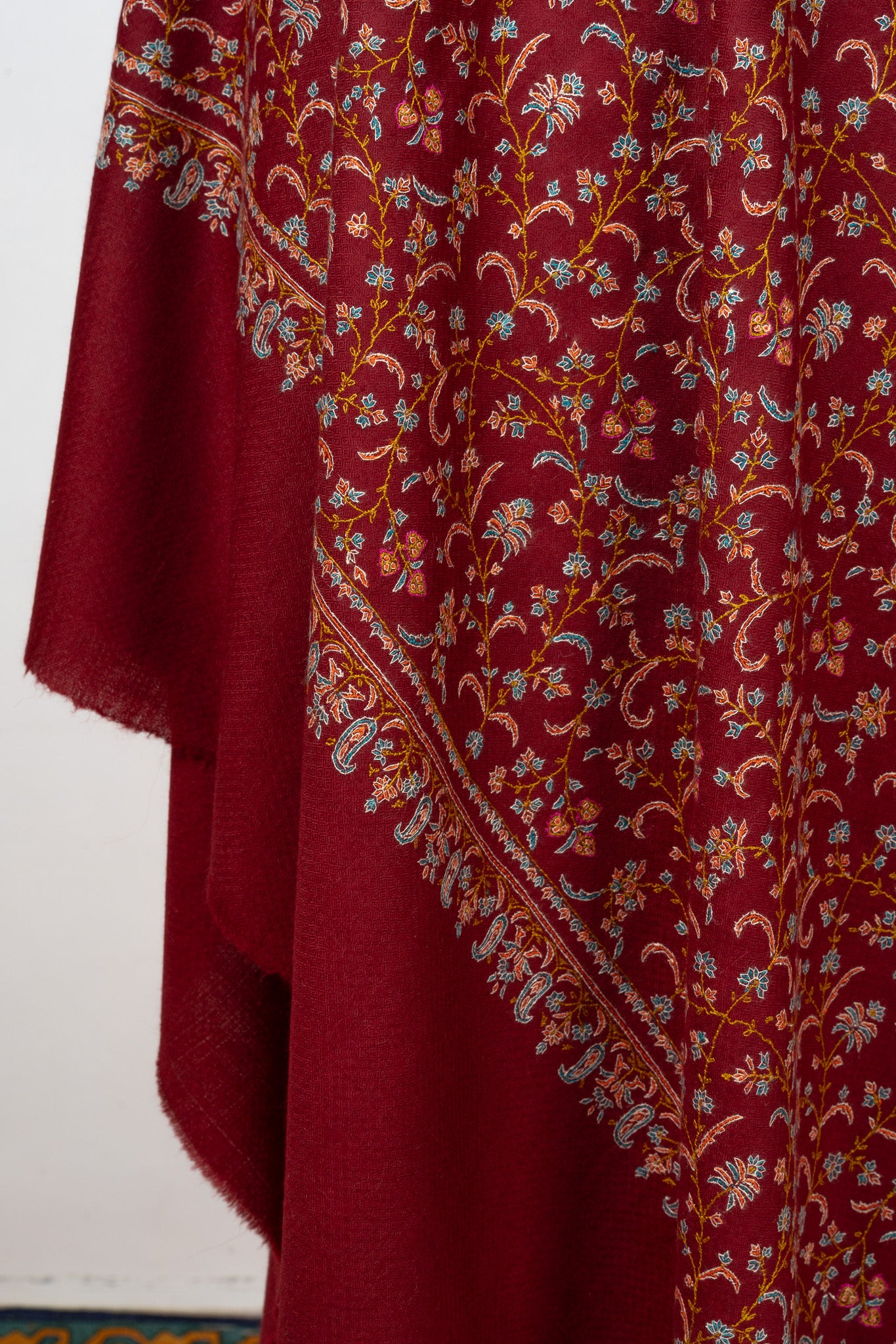 Sozni Hand Embroidered Pashmina: Royal Maroon Garden Trail
