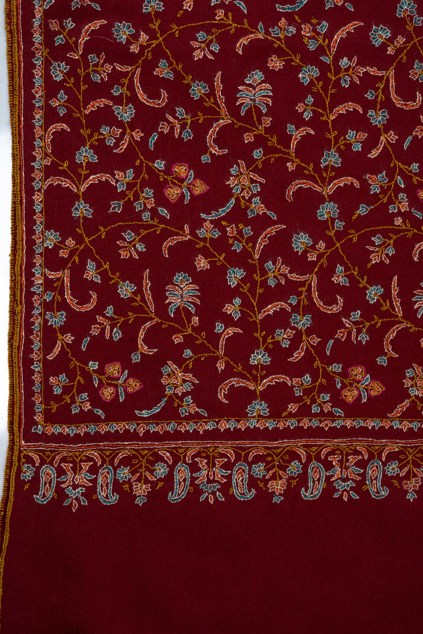 Sozni Hand Embroidered Pashmina: Royal Maroon Garden Trail