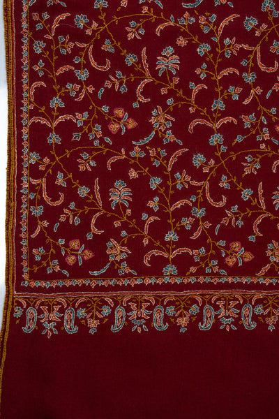 Sozni Hand Embroidered Pashmina: Royal Maroon Garden Trail