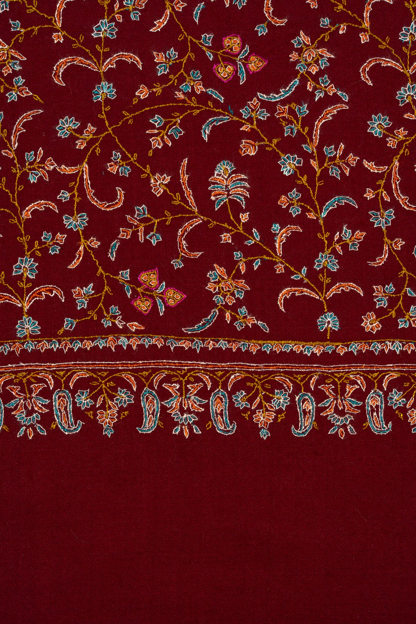 Sozni Hand Embroidered Pashmina: Royal Maroon Garden Trail