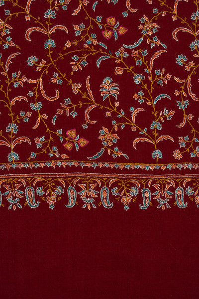 Sozni Hand Embroidered Pashmina: Royal Maroon Garden Trail