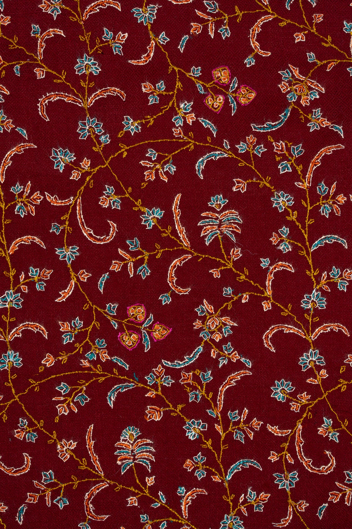 Sozni Hand Embroidered Pashmina: Royal Maroon Garden Trail
