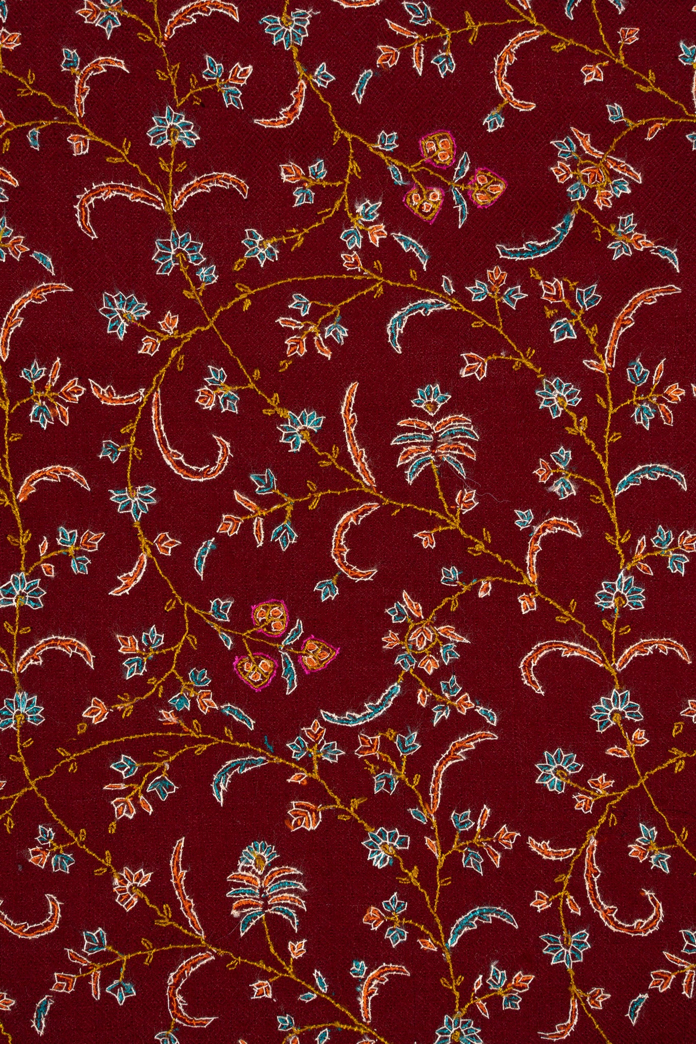 Sozni Hand Embroidered Pashmina: Royal Maroon Garden Trail