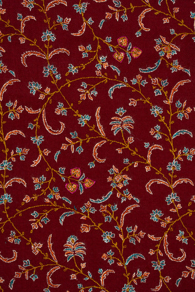 Sozni Hand Embroidered Pashmina: Royal Maroon Garden Trail