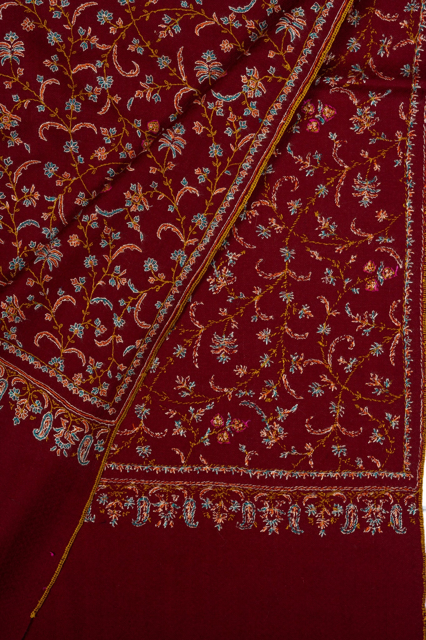 Sozni Hand Embroidered Pashmina: Royal Maroon Garden Trail