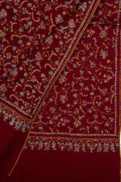 Sozni Hand Embroidered Pashmina: Royal Maroon Garden Trail