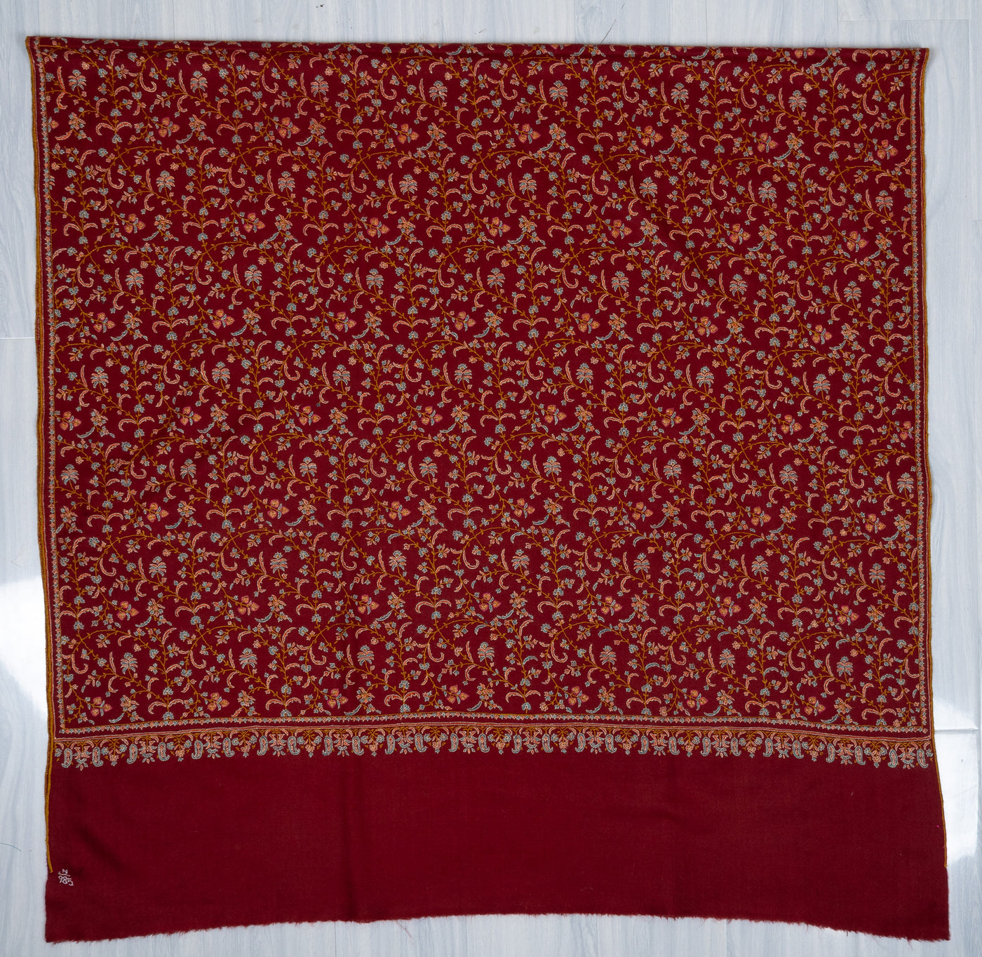 Sozni Hand Embroidered Pashmina: Royal Maroon Garden Trail