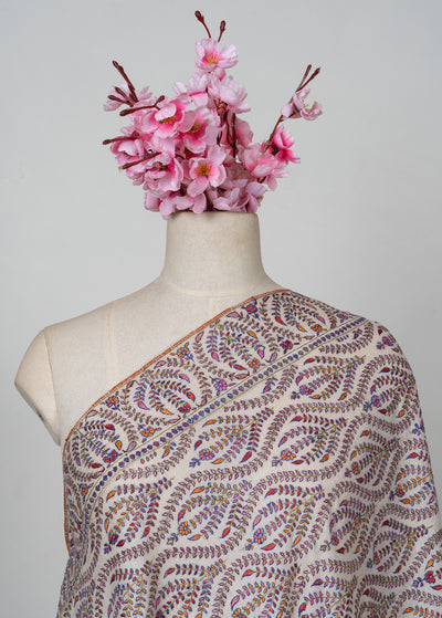 Sozni Hand Embroidered Pashmina: Ivory Flowing Paisley Wave