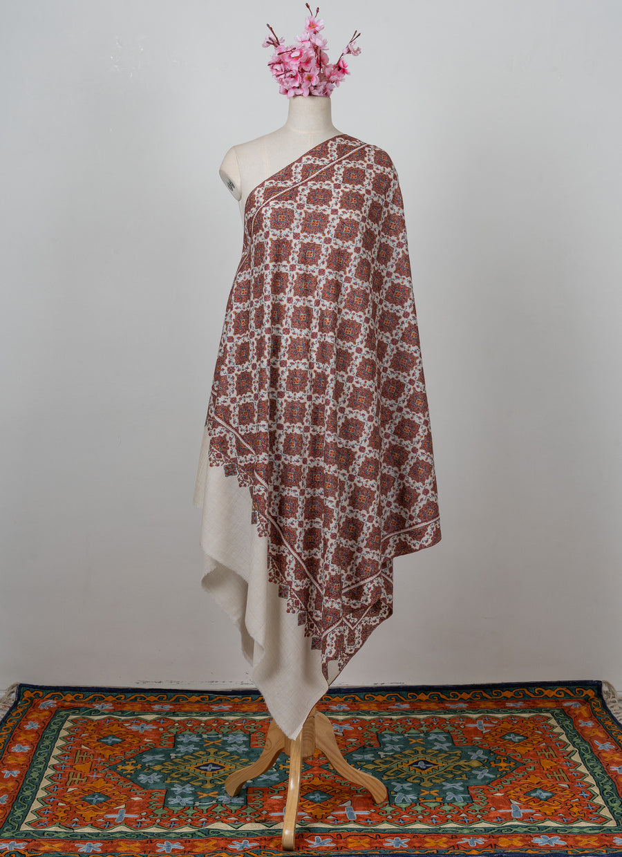 Sozni Hand Embroidered Pashmina: Ivory Heritage Tile Mosaic