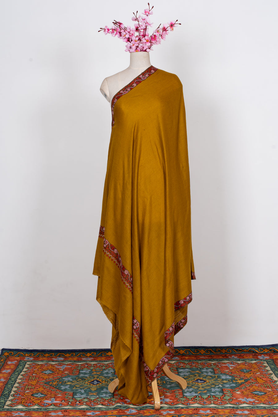 Golden Saffron: Merino Wool Hand Embroidered 2.5 Yards Shawl