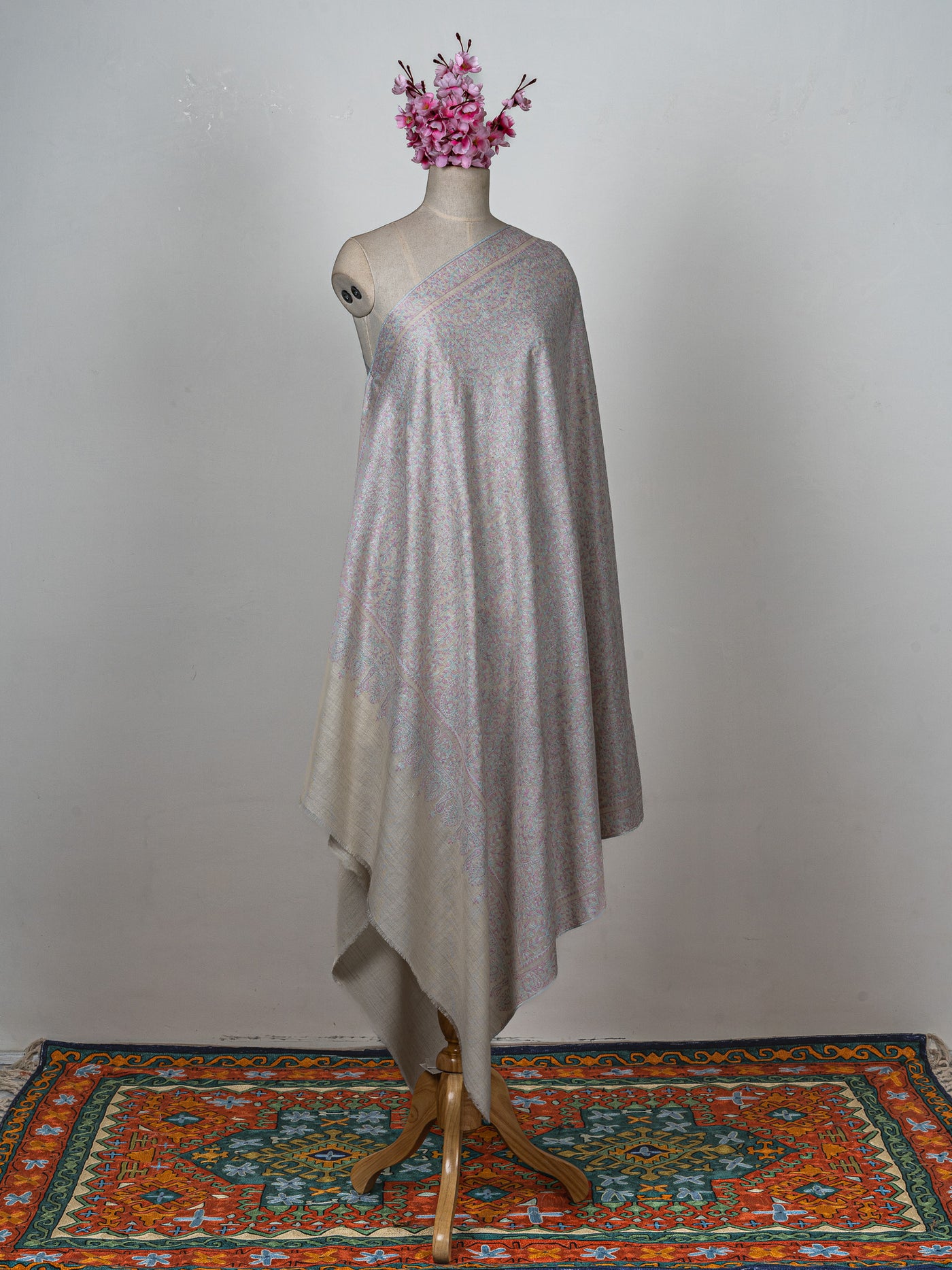 Sozni Hand Embroidered Pashmina: Soft Pearl All Over Pastel Garden