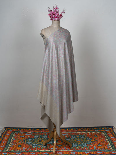 Sozni Hand Embroidered Pashmina: Soft Pearl All Over Pastel Garden