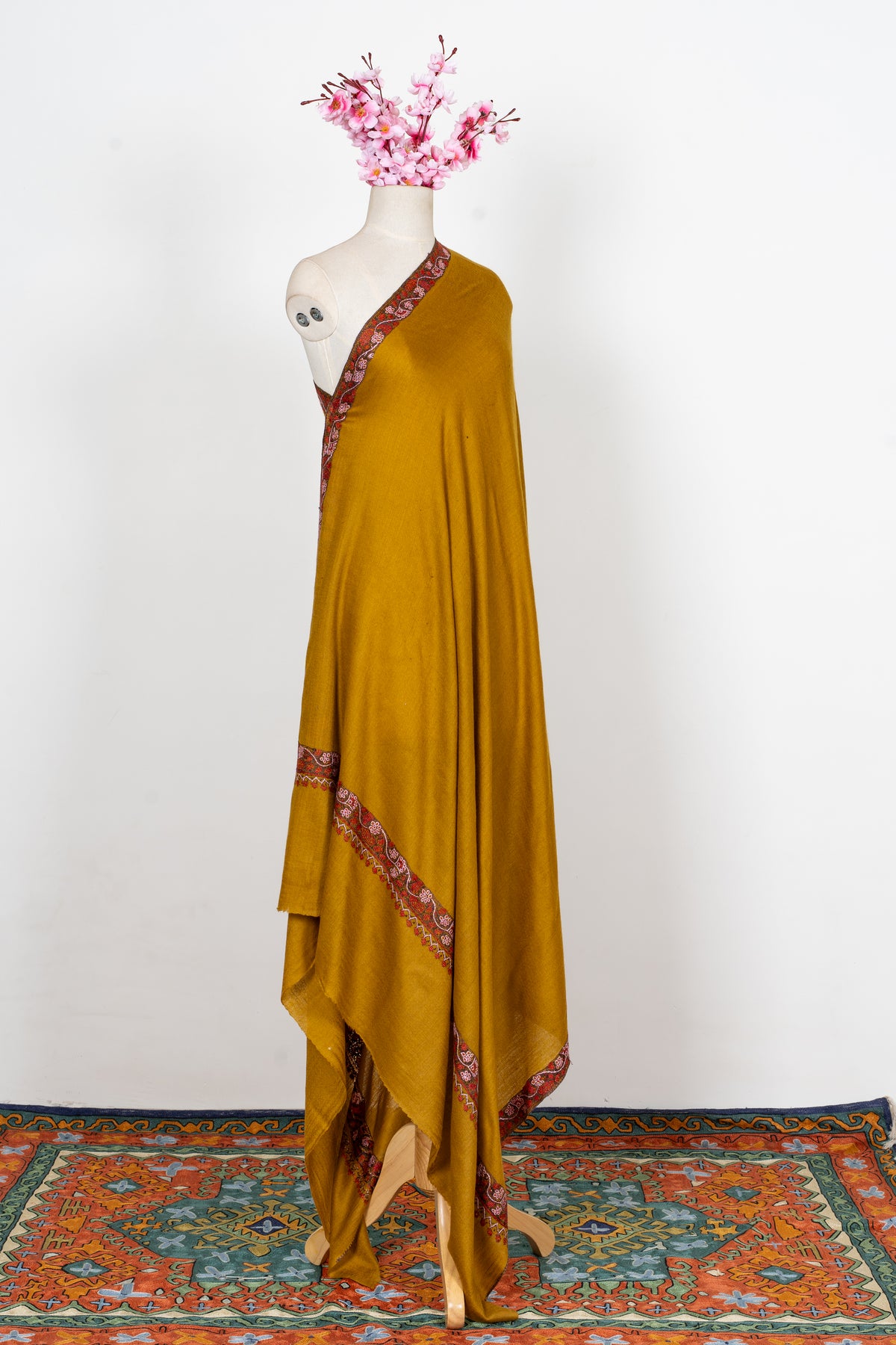 Golden Saffron: Merino Wool Hand Embroidered 2.5 Yards Shawl