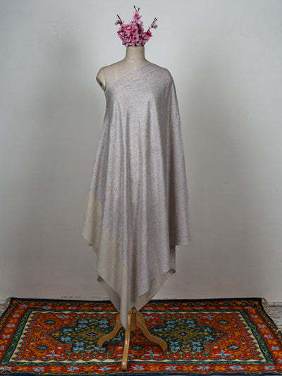 Sozni Hand Embroidered Pashmina: Soft Pearl All Over Pastel Garden