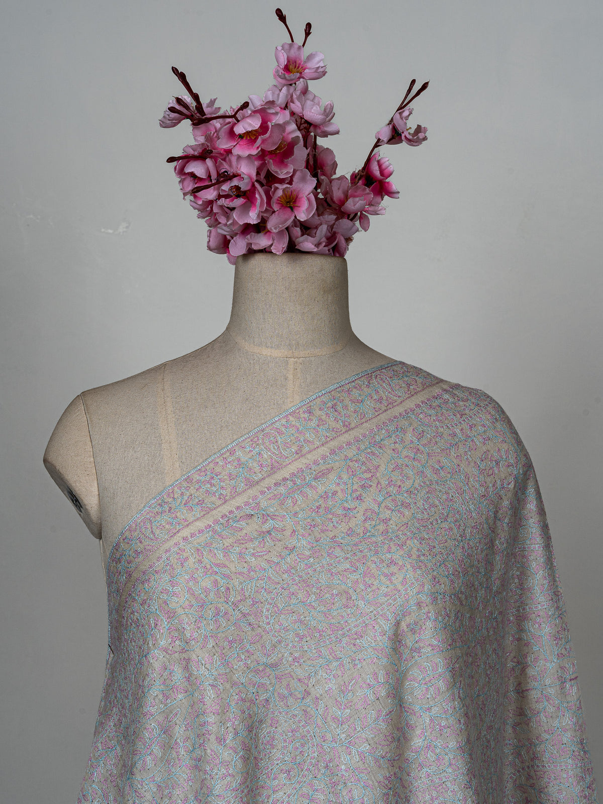 Sozni Hand Embroidered Pashmina: Soft Pearl All Over Pastel Garden