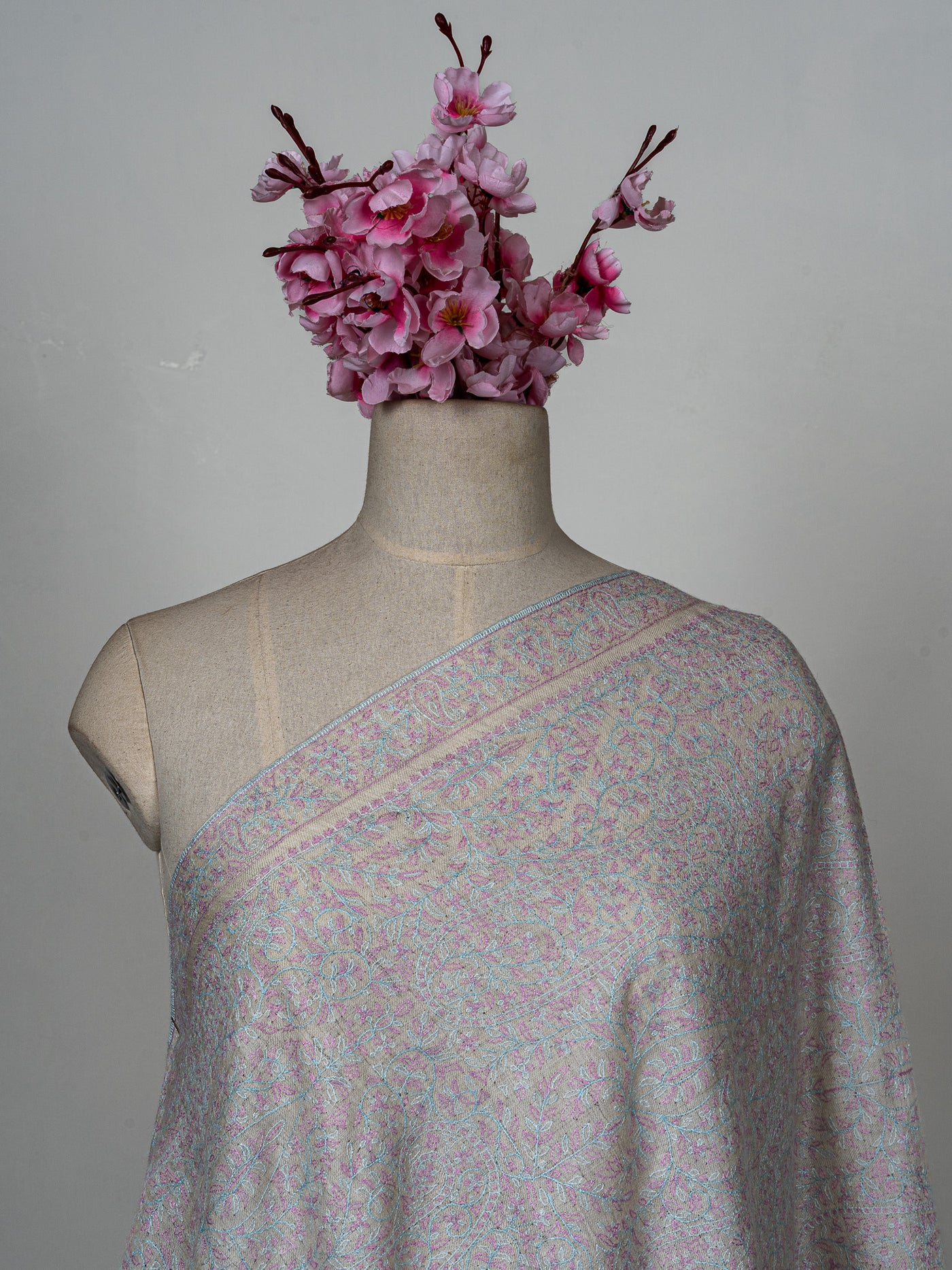 Sozni Hand Embroidered Pashmina: Soft Pearl All Over Pastel Garden