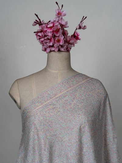 Sozni Hand Embroidered Pashmina: Soft Pearl All Over Pastel Garden