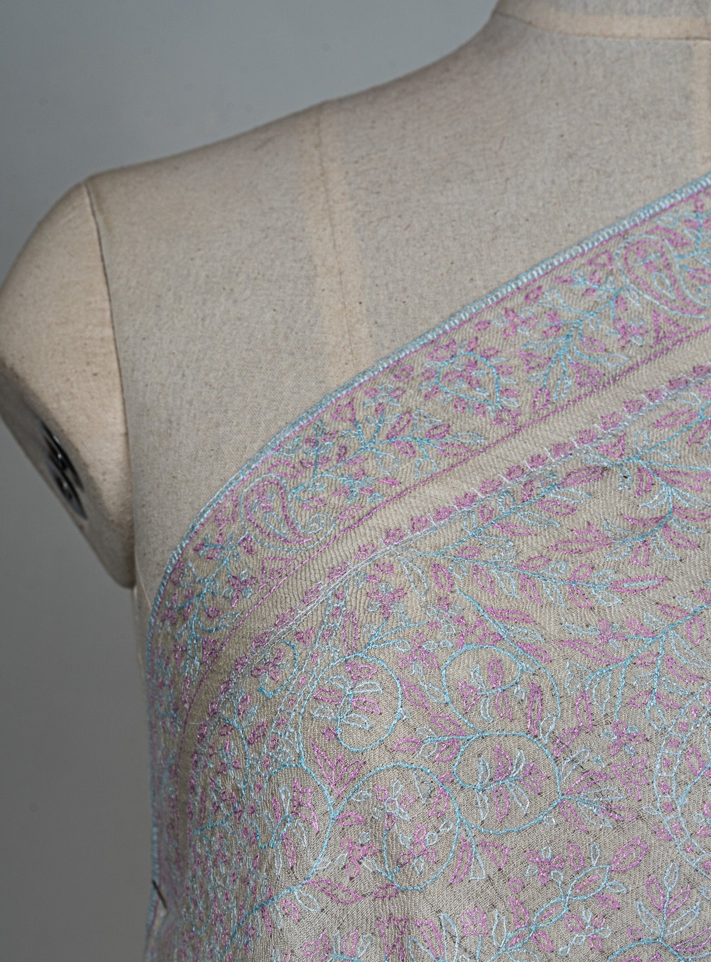 Sozni Hand Embroidered Pashmina: Soft Pearl All Over Pastel Garden