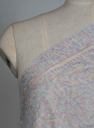 Sozni Hand Embroidered Pashmina: Soft Pearl All Over Pastel Garden