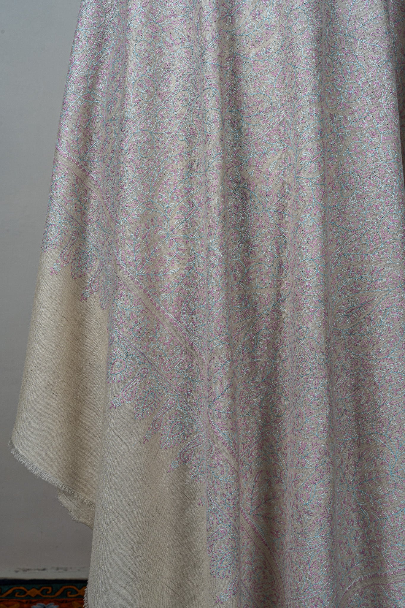 Sozni Hand Embroidered Pashmina: Soft Pearl All Over Pastel Garden