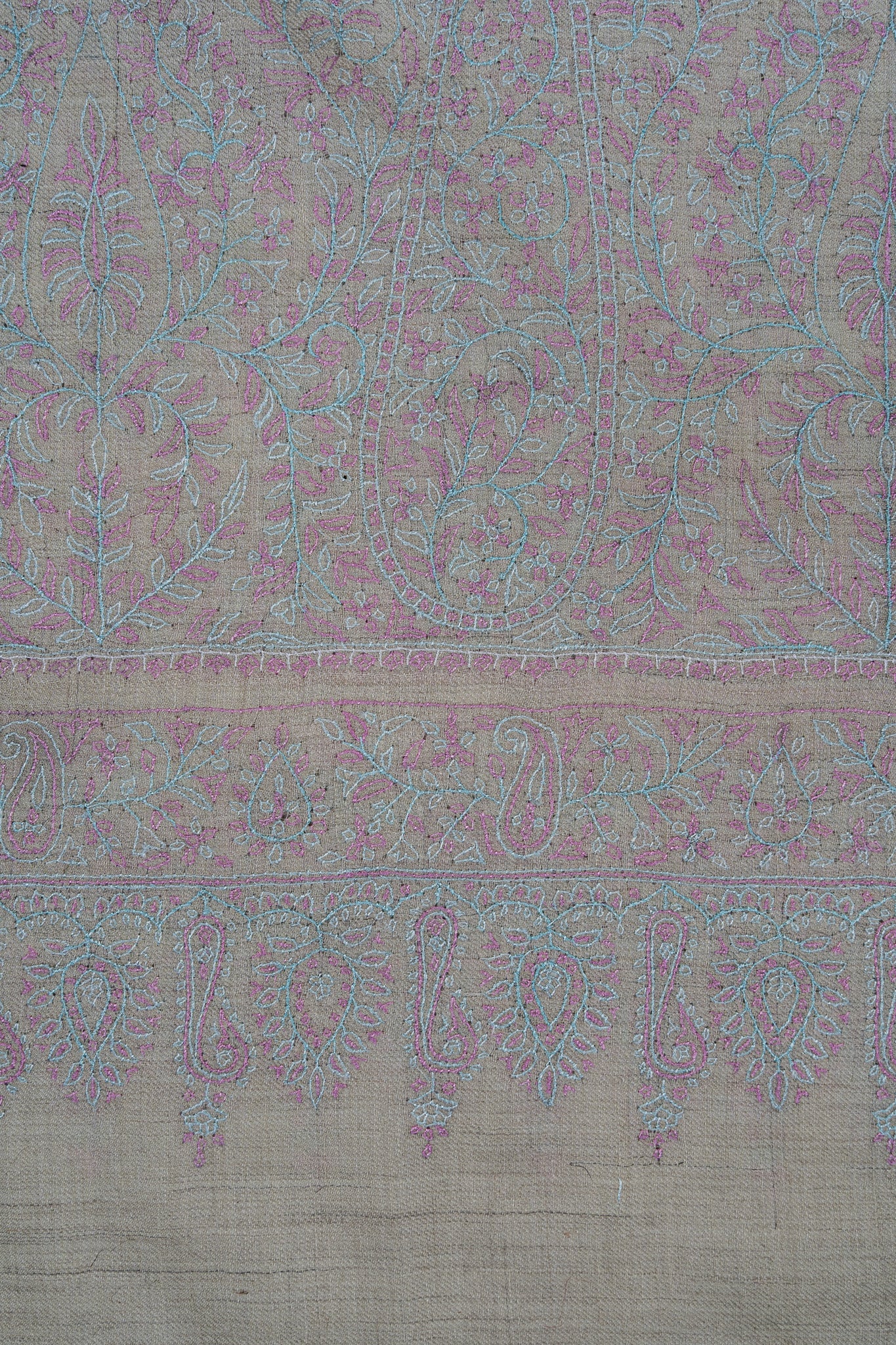 Sozni Hand Embroidered Pashmina: Soft Pearl All Over Pastel Garden