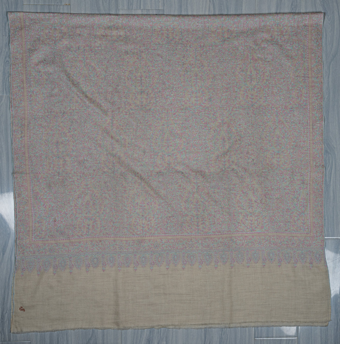 Sozni Hand Embroidered Pashmina: Soft Pearl All Over Pastel Garden