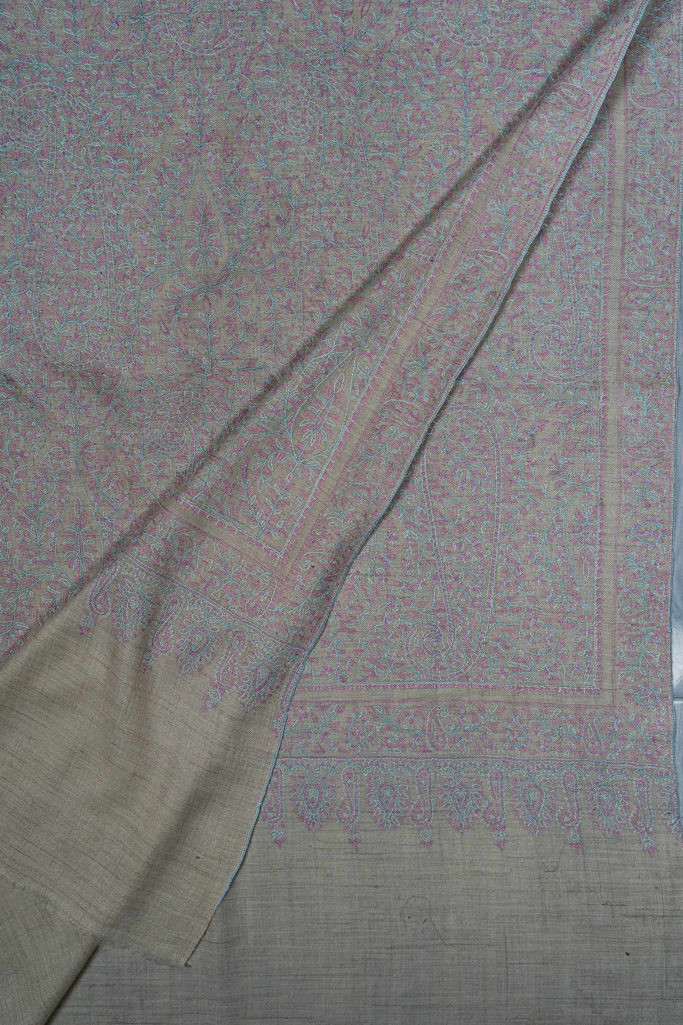 Sozni Hand Embroidered Pashmina: Soft Pearl All Over Pastel Garden