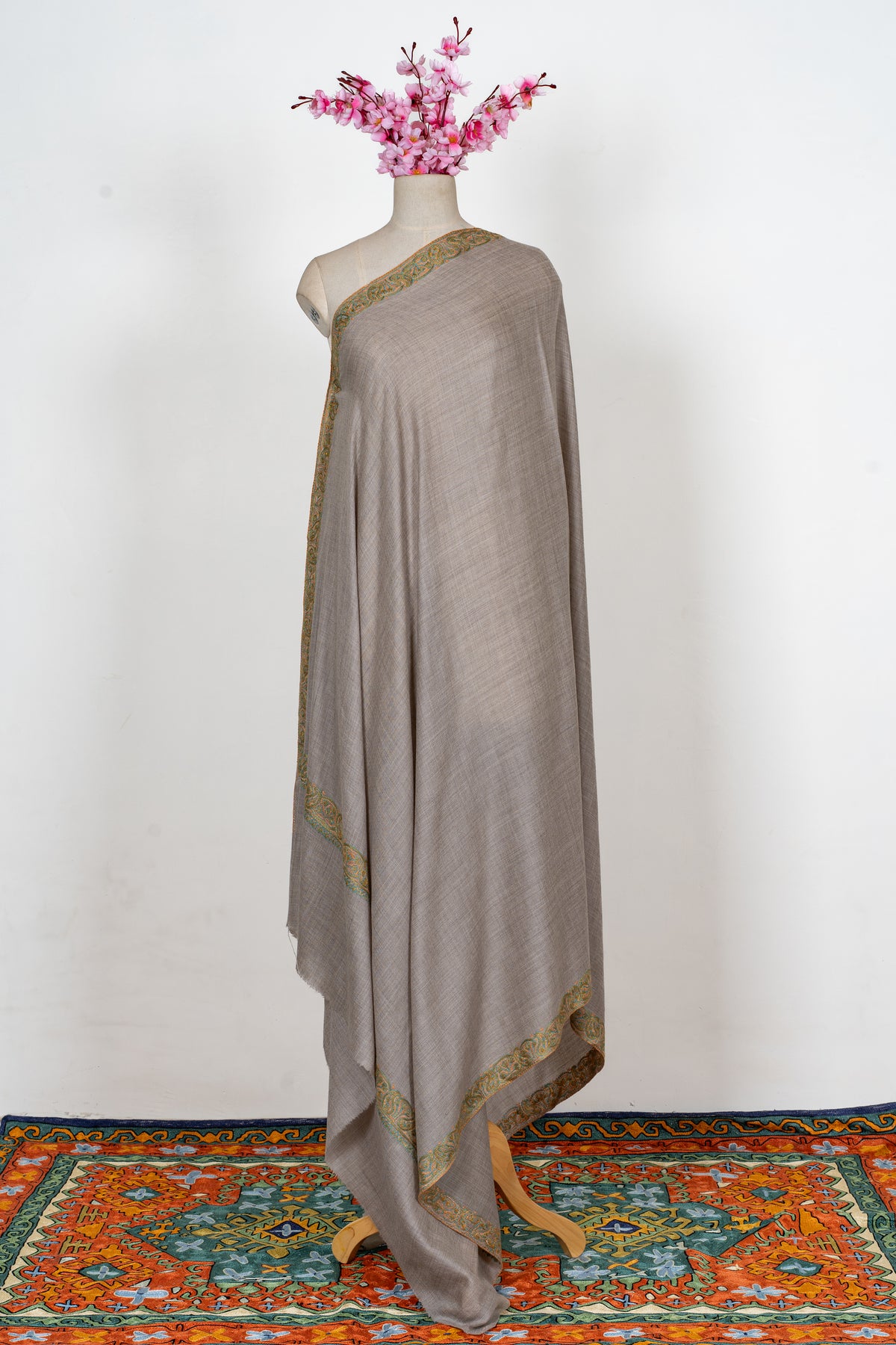 Meadow Taupe: Merino Wool Hand Embroidered 2.5 Yards Shawl