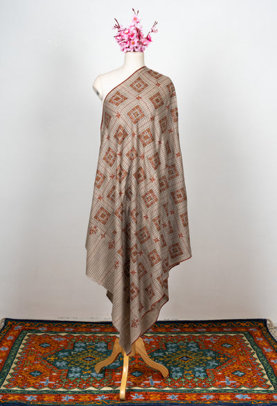 Sozni Hand Embroidered Pashmina: Sandstone Geometric Medallion Grid