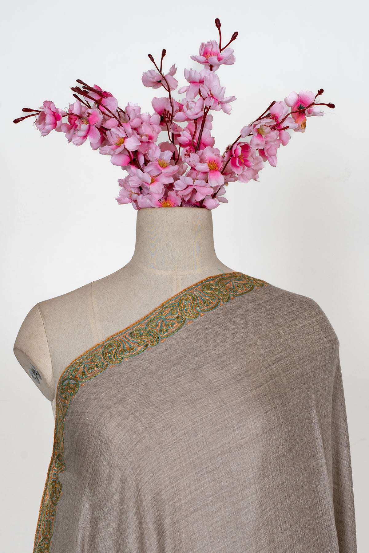Meadow Taupe: Merino Wool Hand Embroidered 2.5 Yards Shawl