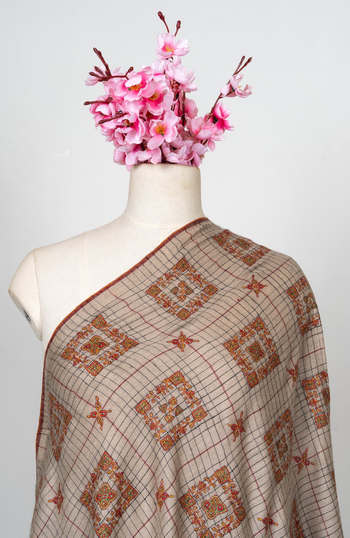 Sozni Hand Embroidered Pashmina: Sandstone Geometric Medallion Grid