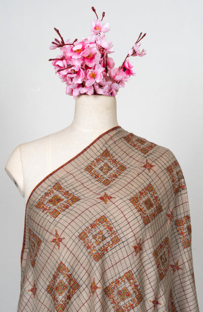Sozni Hand Embroidered Pashmina: Sandstone Geometric Medallion Grid