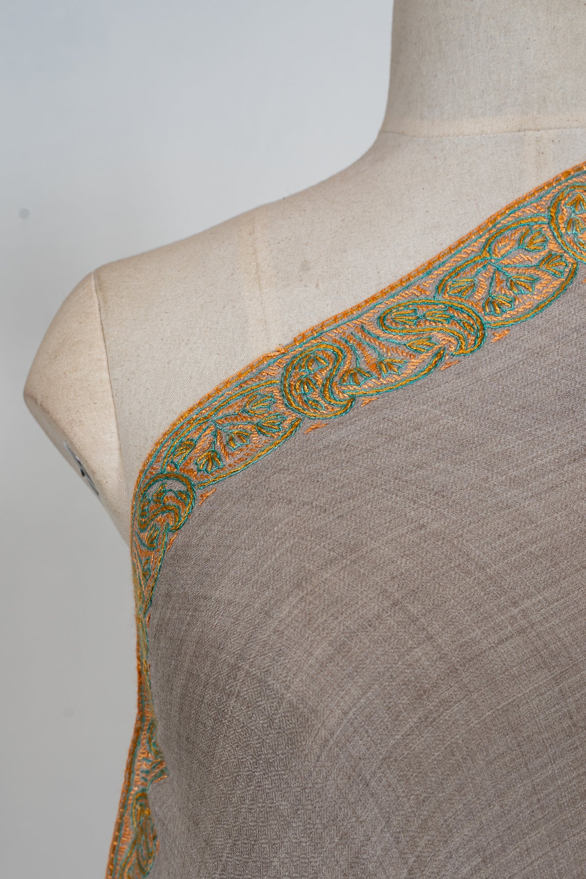 Meadow Taupe: Merino Wool Hand Embroidered 2.5 Yards Shawl