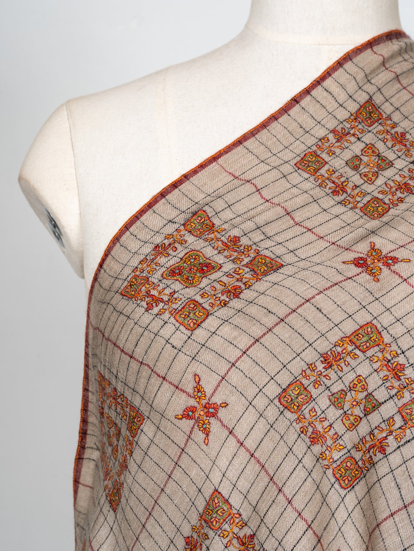 Sozni Hand Embroidered Pashmina: Sandstone Geometric Medallion Grid