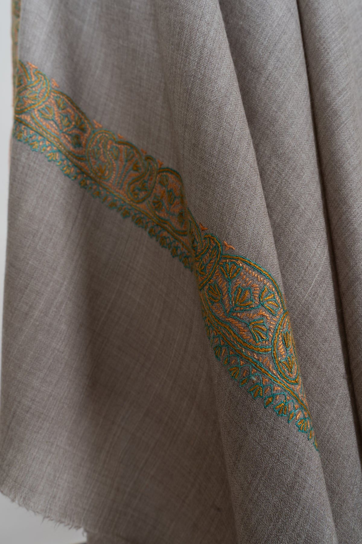Meadow Taupe: Merino Wool Hand Embroidered 2.5 Yards Shawl