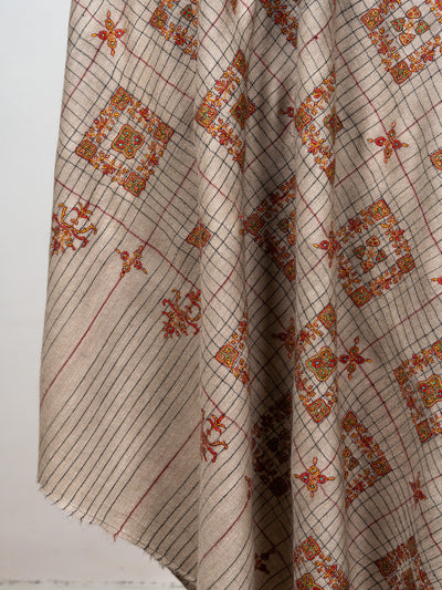 Sozni Hand Embroidered Pashmina: Sandstone Geometric Medallion Grid