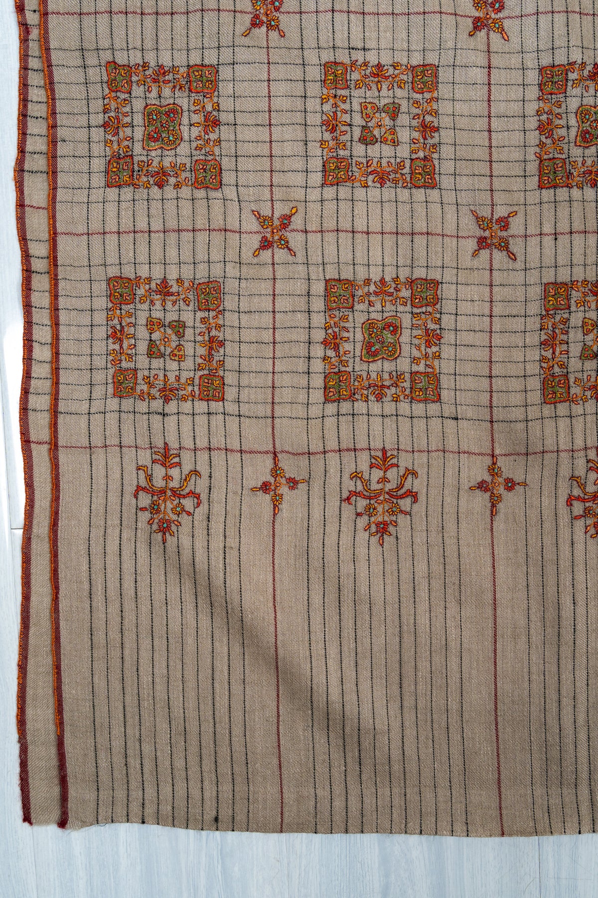 Sozni Hand Embroidered Pashmina: Sandstone Geometric Medallion Grid