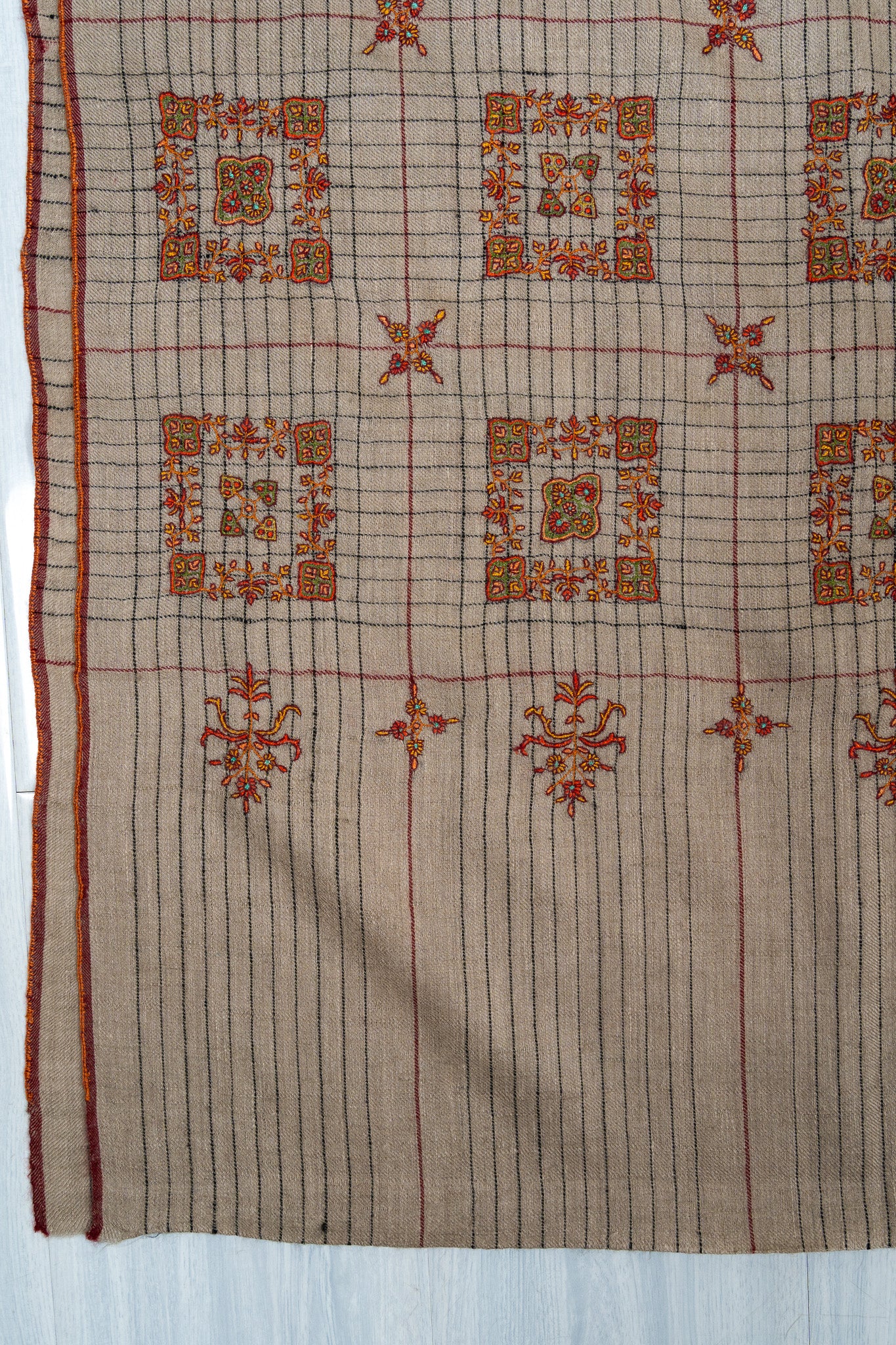 Sozni Hand Embroidered Pashmina: Sandstone Geometric Medallion Grid