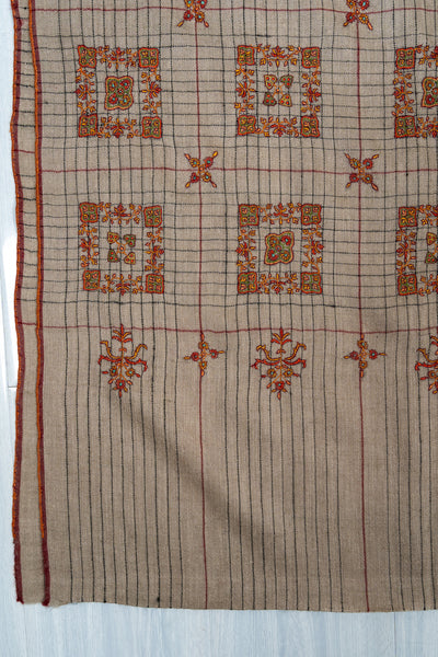 Sozni Hand Embroidered Pashmina: Sandstone Geometric Medallion Grid