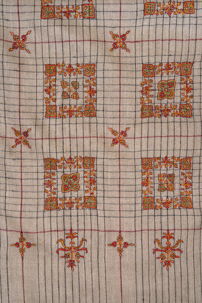 Sozni Hand Embroidered Pashmina: Sandstone Geometric Medallion Grid