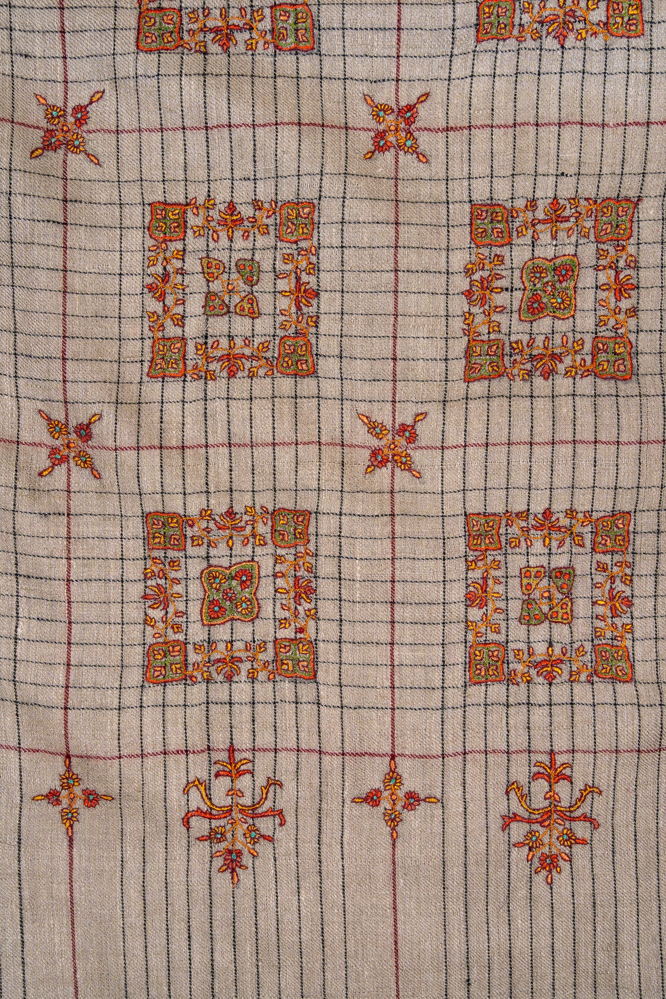 Sozni Hand Embroidered Pashmina: Sandstone Geometric Medallion Grid